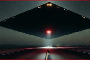 Gigantic, dark, square UFO hovering over a desert highway at night with a red central glow.
