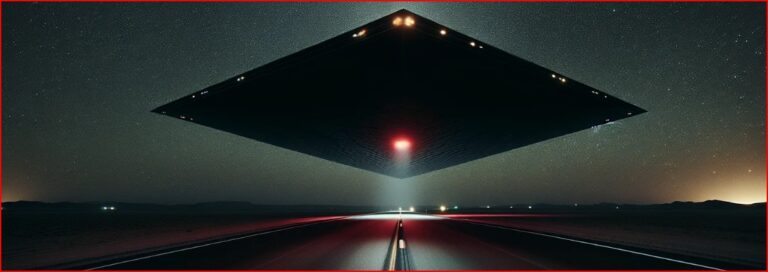 Gigantic, dark, square UFO hovering over a desert highway at night with a red central glow.