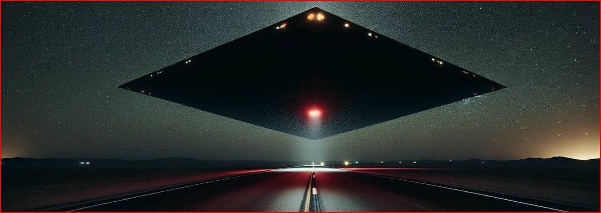 Gigantic, dark, square UFO hovering over a desert highway at night with a red central glow.