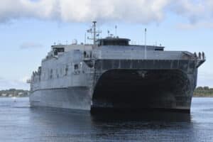 The USNS Carson City arrives at Naval Station Newport in September 2016.