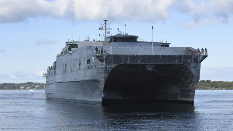 The USNS Carson City arrives at Naval Station Newport in September 2016.