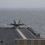 F/A-18F Super Hornet launches from the USS Gerald R. Ford using EMALS, the system targeted by Trump’s Navy steam catapults order.