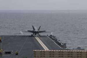 F/A-18F Super Hornet launches from the USS Gerald R. Ford using EMALS, the system targeted by Trump’s Navy steam catapults order.