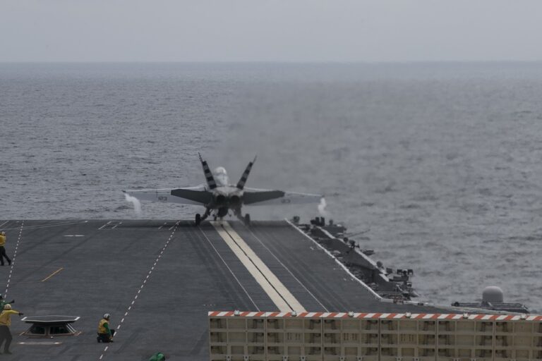 F/A-18F Super Hornet launches from the USS Gerald R. Ford using EMALS, the system targeted by Trump’s Navy steam catapults order.