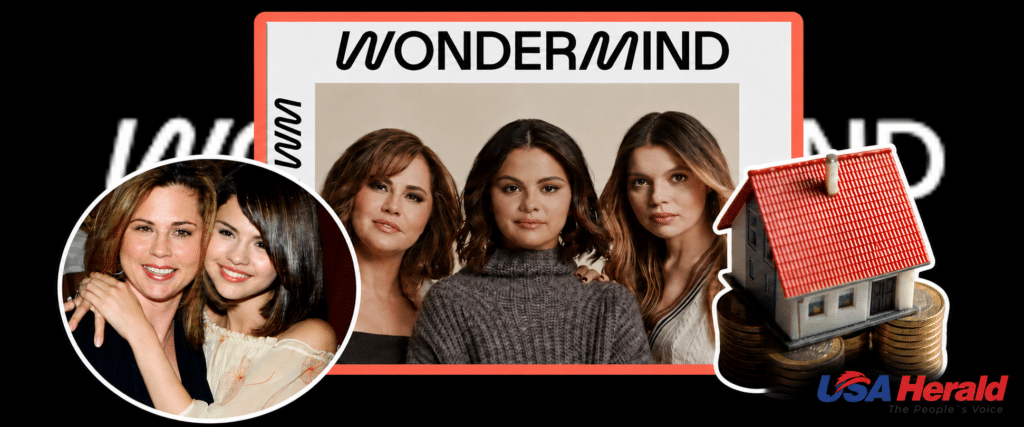 Collage with a bold 'WONDERMIND' sign, a trio of women posing together, and a circular photo of two women smiling; a small house atop coins on the right; USA Herald logo in the bottom right.
