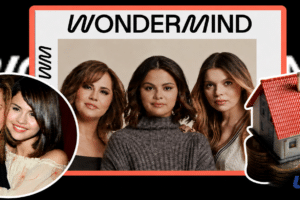 Collage with a bold 'WONDERMIND' sign, a trio of women posing together, and a circular photo of two women smiling; a small house atop coins on the right; USA Herald logo in the bottom right.