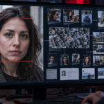 Facial-recognition display linking a woman’s portrait to photographs, a map and personal records.