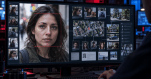 Facial-recognition display linking a woman’s portrait to photographs, a map and personal records.