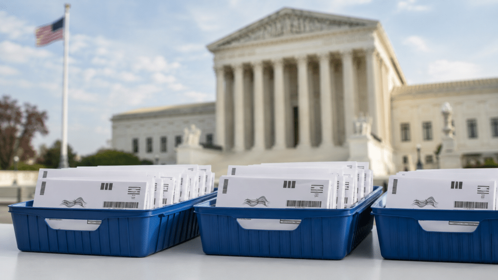 Barcoded mail-ballot envelopes in postal trays outside the U.S. Supreme Court.