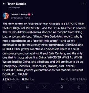 Screenshot of Trump Truth Social Post