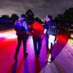 ICE officer and FBI agent escort a handcuffed man during a nighttime operation in Dallas.