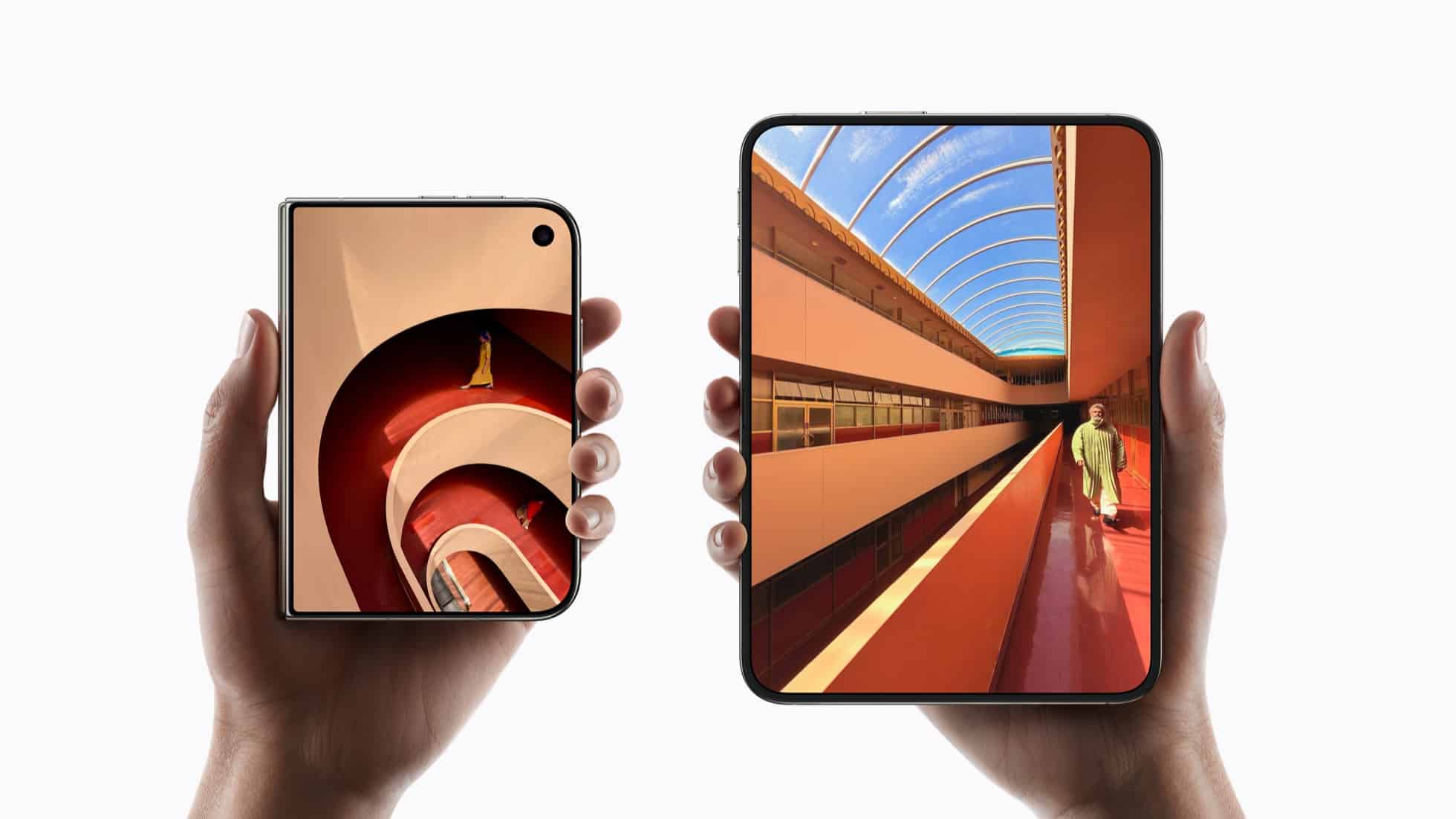 Hands holding iPhone Duo devices closed and unfolded.