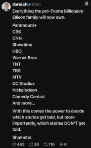 Robert Reich criticizes concentrated media ownership in a Threads post listing brands involved in the proposed Paramount–Warner Bros. Discovery merger. His post reflects his commentary, not confirmation that the acquisition has closed. Screenshot: Robert Reich (@rbreich)/Threads; cropped.