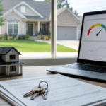 Two credit-score gauges displayed beside mortgage documents, house keys and a model home.