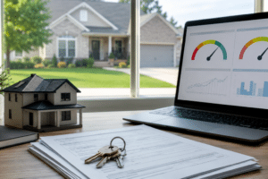 Two credit-score gauges displayed beside mortgage documents, house keys and a model home.