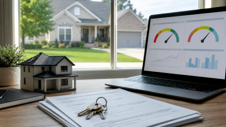 Two credit-score gauges displayed beside mortgage documents, house keys and a model home.
