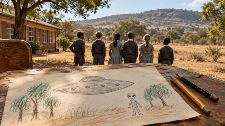 Ariel School UFO editorial illustration showing a spacecraft drawing on a desk and children facing a schoolyard.