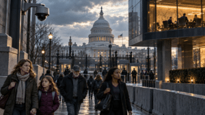 Editorial illustration of America in 2035, with citizens beneath surveillance cameras, a fenced Capitol and executives overlooking the street.