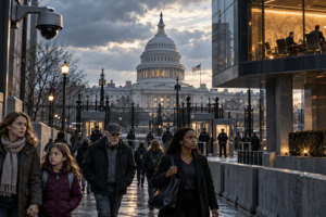 Editorial illustration of America in 2035, with citizens beneath surveillance cameras, a fenced Capitol and executives overlooking the street.