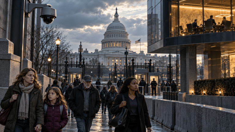 Editorial illustration of America in 2035, with citizens beneath surveillance cameras, a fenced Capitol and executives overlooking the street.