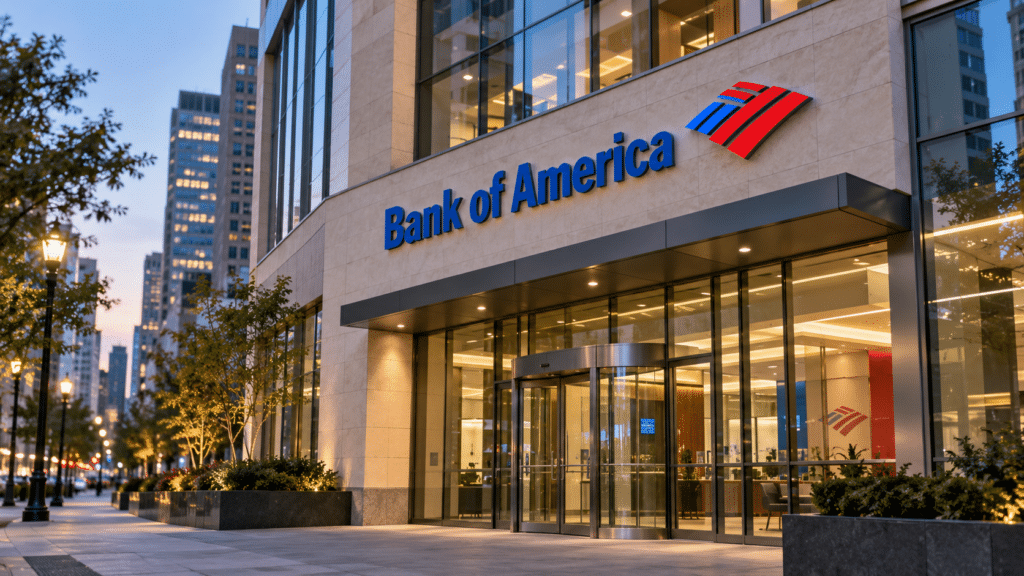 Editorial illustration of Bank of America signage above a modern banking center entrance at dusk.