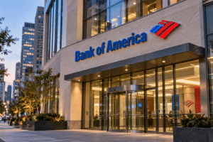Editorial illustration of Bank of America signage above a modern banking center entrance at dusk.