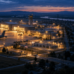 FORTRESS America editorial illustration showing an illuminated military base beside a darkened civilian community.