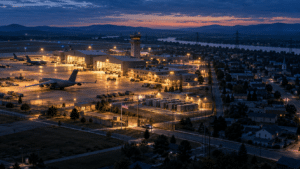 FORTRESS America editorial illustration showing an illuminated military base beside a darkened civilian community.