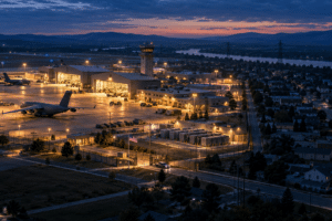 FORTRESS America editorial illustration showing an illuminated military base beside a darkened civilian community.