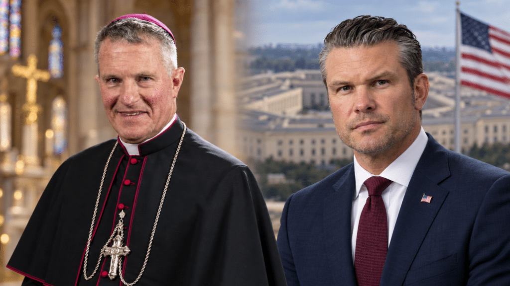Editorial composite of Archbishop Timothy Broglio beside Pete Hegseth, with chapel and Pentagon backgrounds.