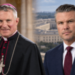 Editorial composite of Archbishop Timothy Broglio beside Pete Hegseth, with chapel and Pentagon backgrounds.