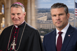 Editorial composite of Archbishop Timothy Broglio beside Pete Hegseth, with chapel and Pentagon backgrounds.