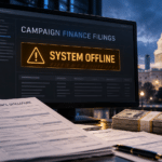 Editorial collage for the reported FEC cyberattack showing an offline filing screen, campaign-finance forms and the Capitol.