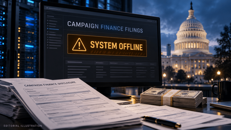 Editorial collage for the reported FEC cyberattack showing an offline filing screen, campaign-finance forms and the Capitol.