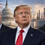 Editorial illustration of John Cornyn, Donald Trump and Vladimir Putin with the U.S. Capitol and an oil refinery amid concerns about Trump’s Russia policy.