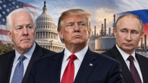 Editorial illustration of John Cornyn, Donald Trump and Vladimir Putin with the U.S. Capitol and an oil refinery amid concerns about Trump’s Russia policy.