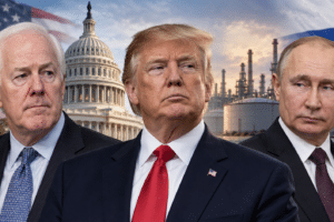 Editorial illustration of John Cornyn, Donald Trump and Vladimir Putin with the U.S. Capitol and an oil refinery amid concerns about Trump’s Russia policy.