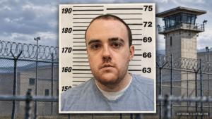 Tennessee prison escape editorial collage featuring Jacob Allen Morley’s booking portrait beside prison fencing and a watchtower.