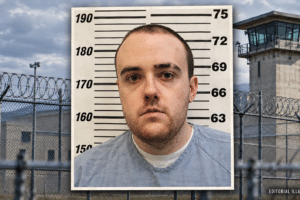 Tennessee prison escape editorial collage featuring Jacob Allen Morley’s booking portrait beside prison fencing and a watchtower.