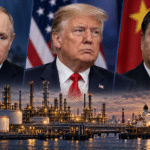 Editorial composite of Vladimir Putin, Donald Trump and Xi Jinping above a refinery and fuel tanker.