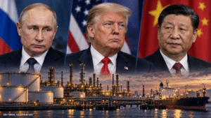 Editorial composite of Vladimir Putin, Donald Trump and Xi Jinping above a refinery and fuel tanker.