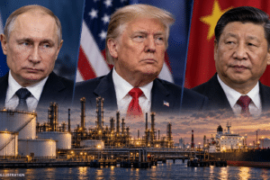 Editorial composite of Vladimir Putin, Donald Trump and Xi Jinping above a refinery and fuel tanker.