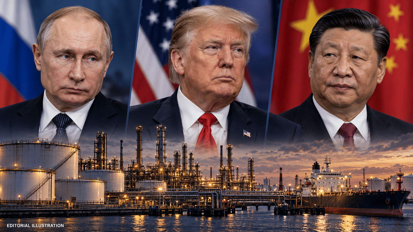 Editorial composite of Vladimir Putin, Donald Trump and Xi Jinping above a refinery and fuel tanker.