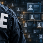 Editorial illustration of the DHS data leak showing an ICE jacket beside fragmented digital employee profiles.