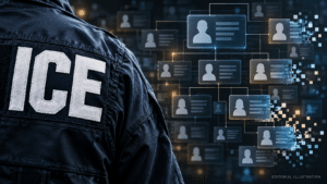 Editorial illustration of the DHS data leak showing an ICE jacket beside fragmented digital employee profiles.