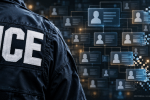 Editorial illustration of the DHS data leak showing an ICE jacket beside fragmented digital employee profiles.