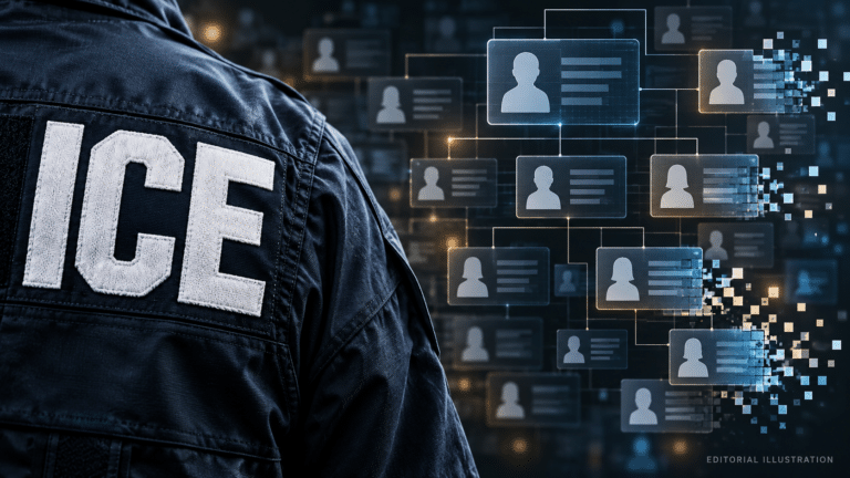 Editorial illustration of the DHS data leak showing an ICE jacket beside fragmented digital employee profiles.