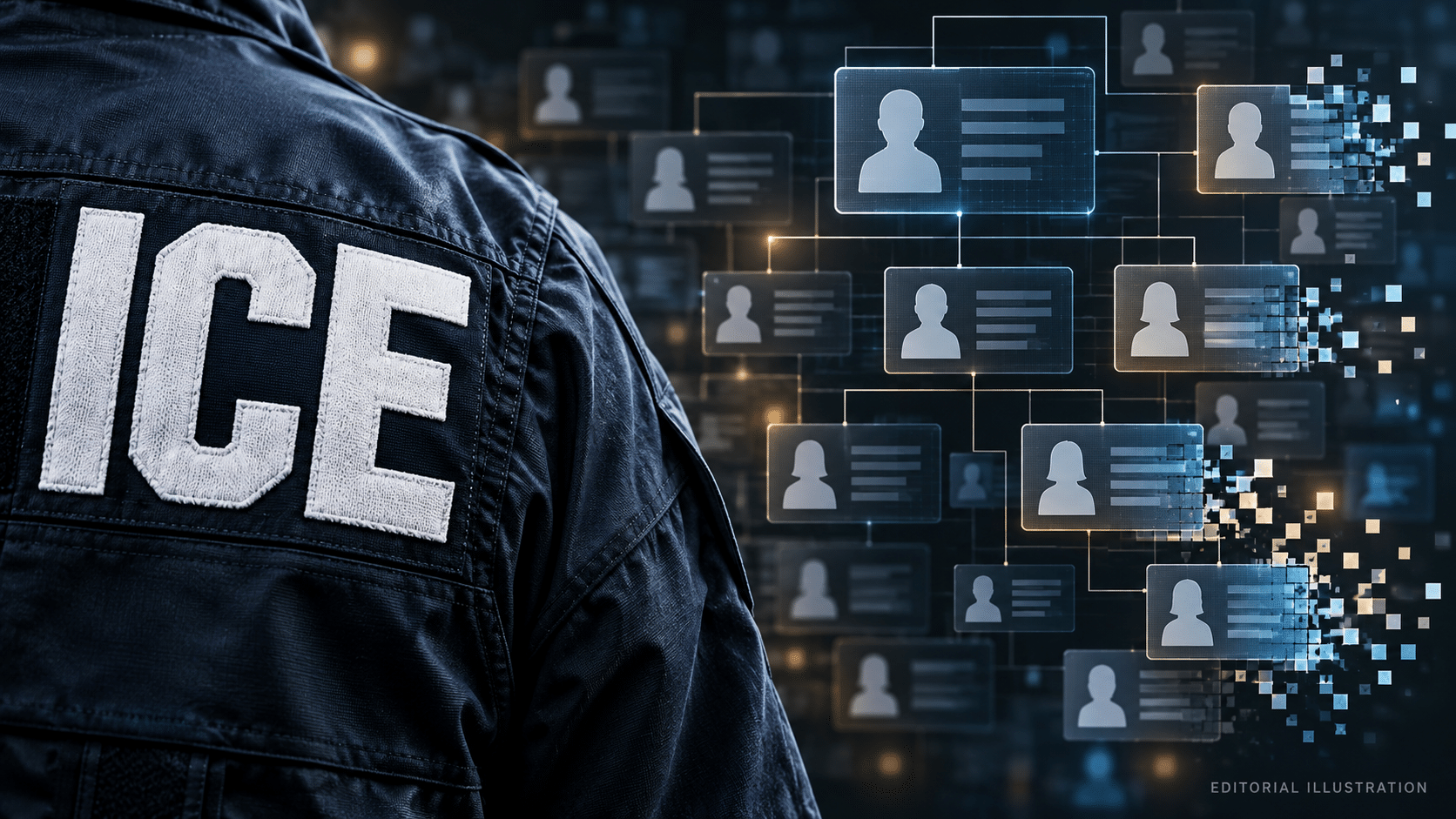 Editorial illustration of the DHS data leak showing an ICE jacket beside fragmented digital employee profiles.