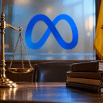Editorial illustration of the Meta privacy case featuring Meta’s logo, scales of justice, legal files and the New Mexico flag.