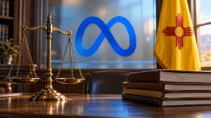 Editorial illustration of the Meta privacy case featuring Meta’s logo, scales of justice, legal files and the New Mexico flag.